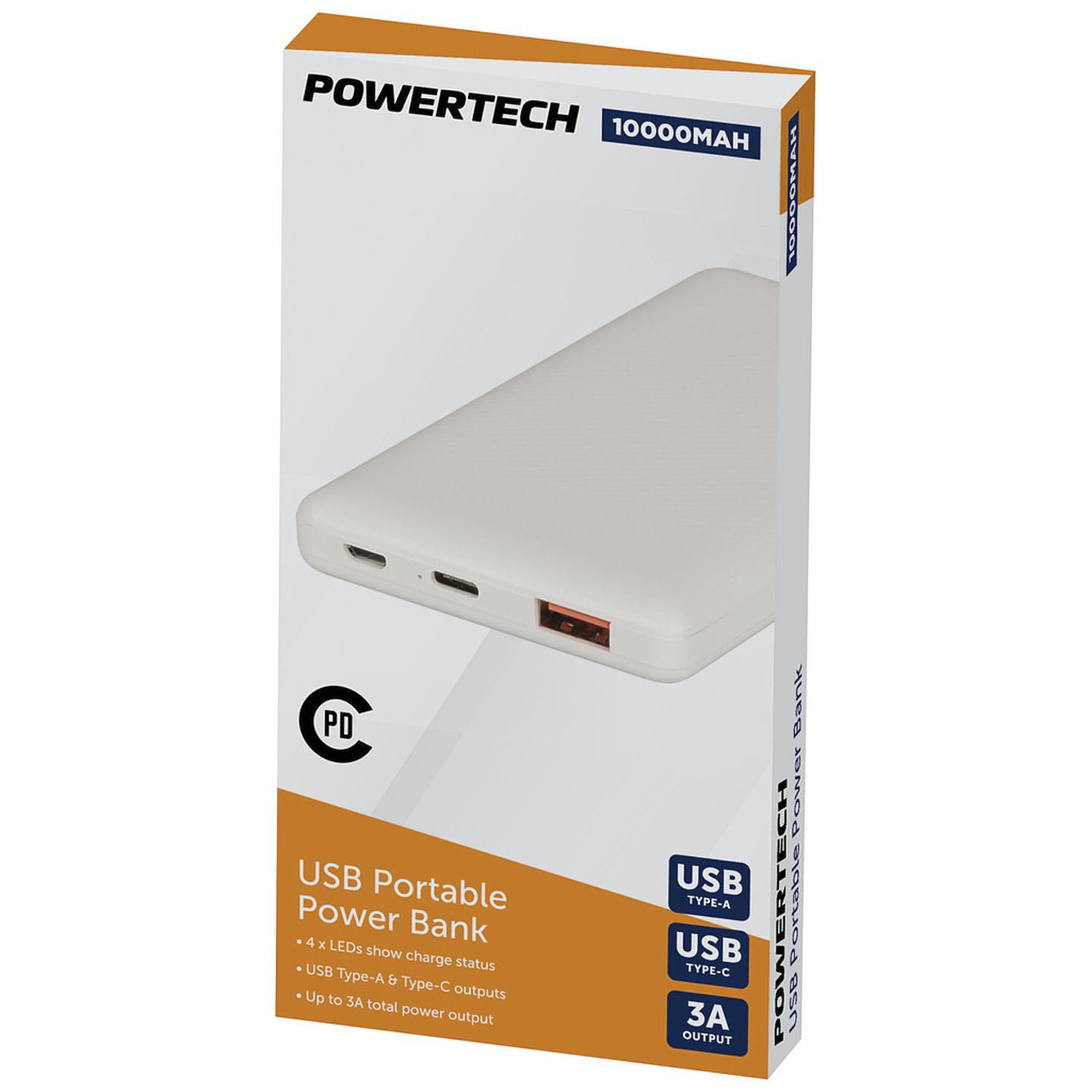 10000mAh Power Bank with USB-C PD and USB-A Ports - White